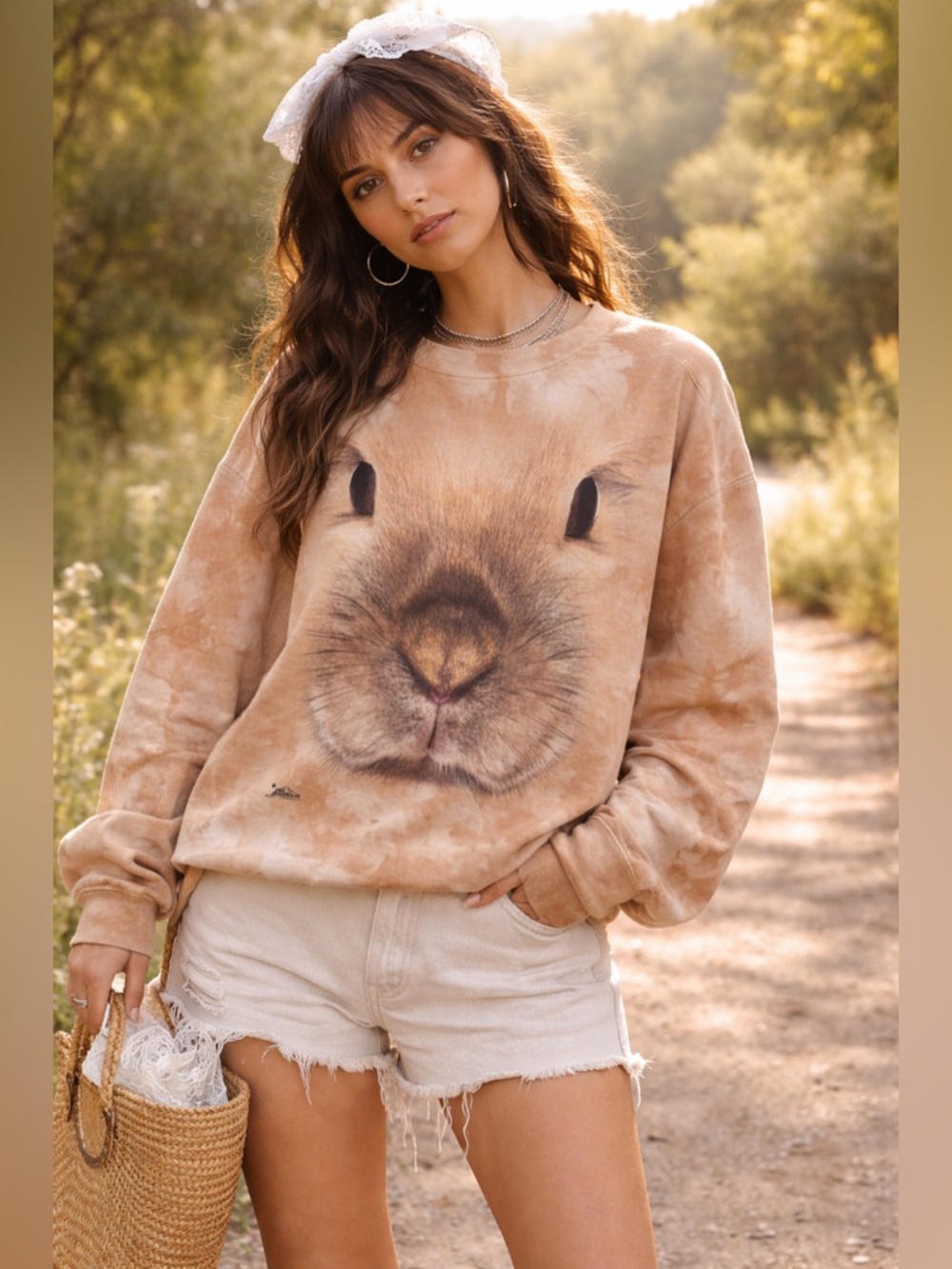 The Mountain Bunny Face Sweatshirt Tie Dye L Graphic Rabbit Crewneck Made USA A6